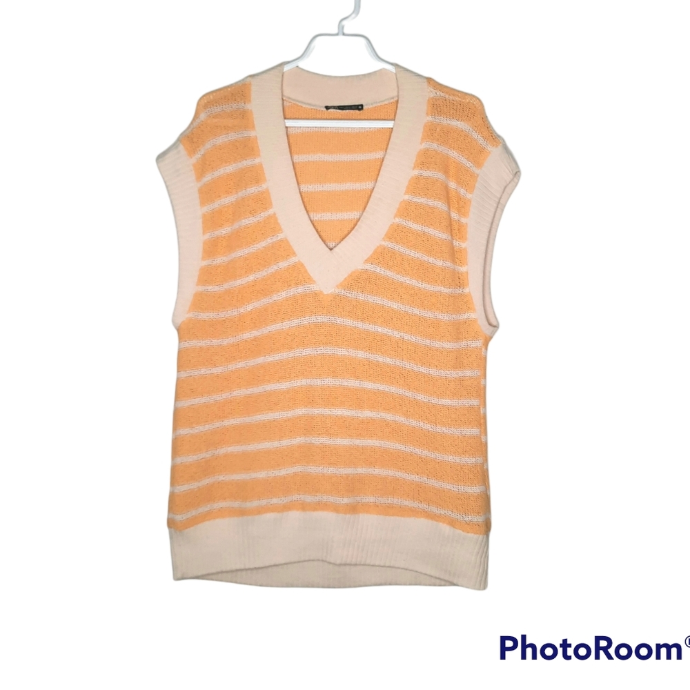 Zara Knit Sweater Vest VNeck Oversized Yellow Gold Cream Stripe Womens Size Sm - Picture 2 of 11